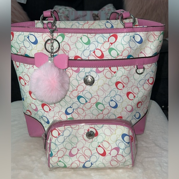 COACH Heritage Chelsea Pink Trim Multicolor Signature Tote & Pouch Set RARE! 🩷💙💚 - Picture 1 of 17
